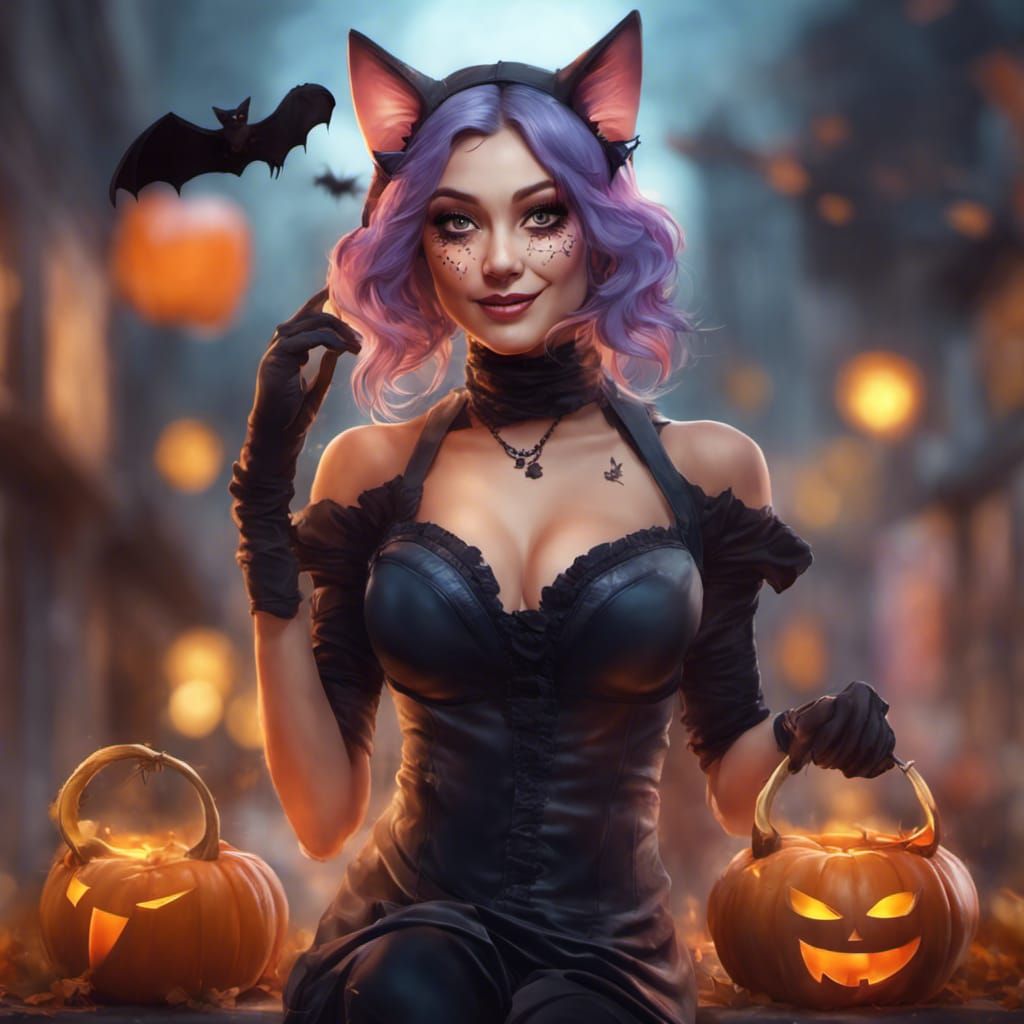 Halloween Cat Woman Portrait in Art Nouveau Style