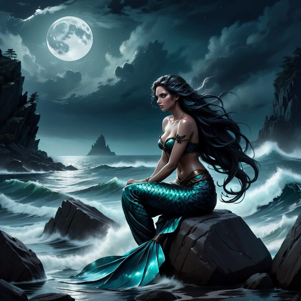 Stormy Night Siren with Lyre, Hyper-Realistic Photo