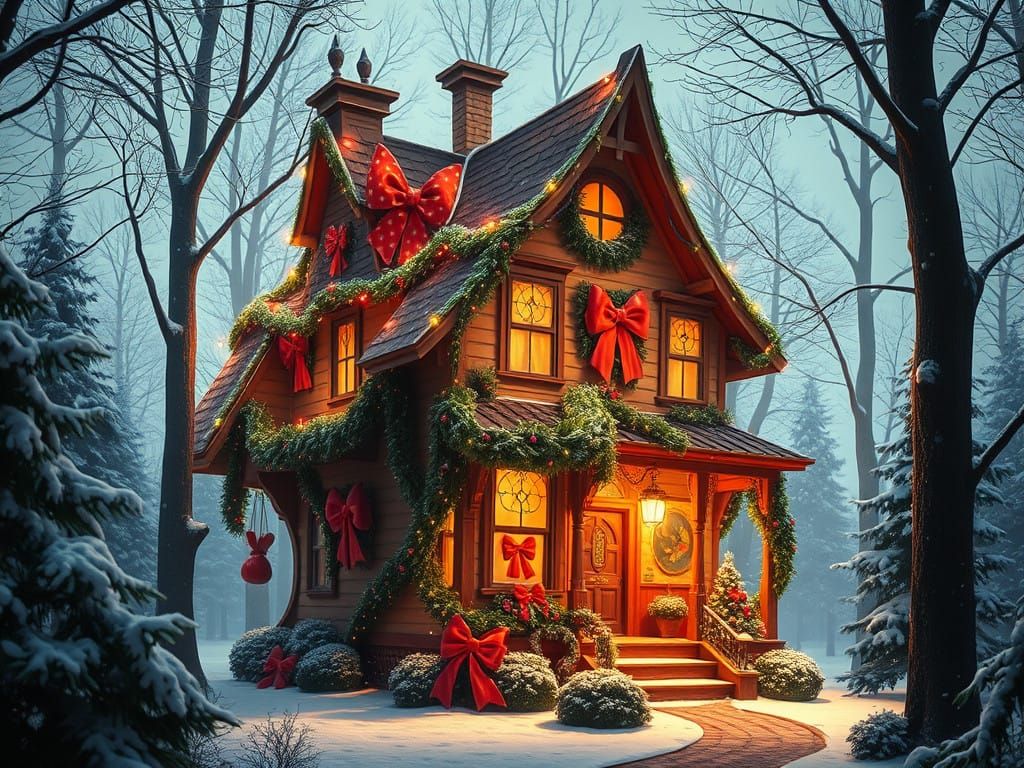 Whimsical Christmas Cottage in Surreal Victorian Style