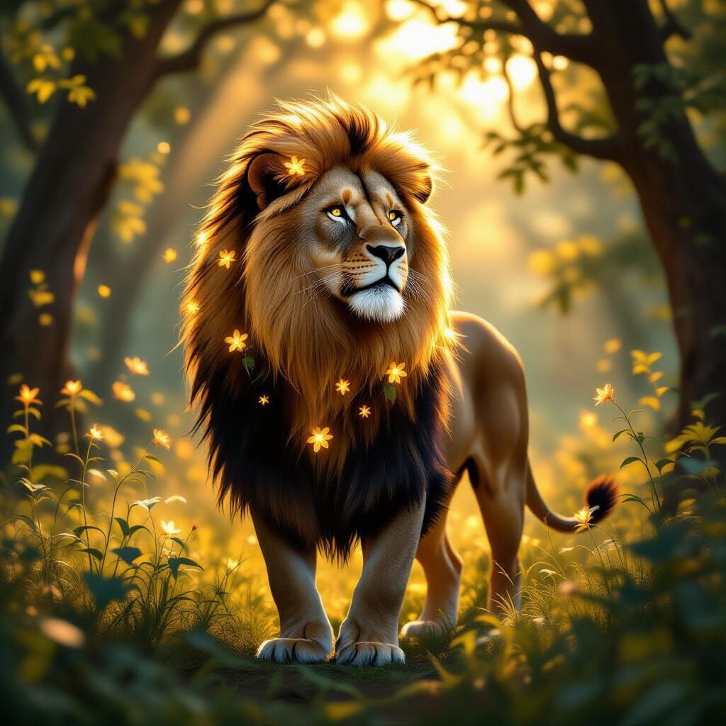 Bioluminescent Lion in Forest, Hyperrealistic Portrait