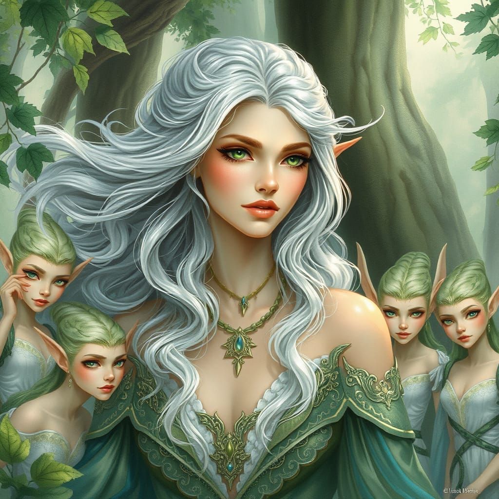 Regal Woman Surrounded by Enchanted Elves in Whimsical Water...