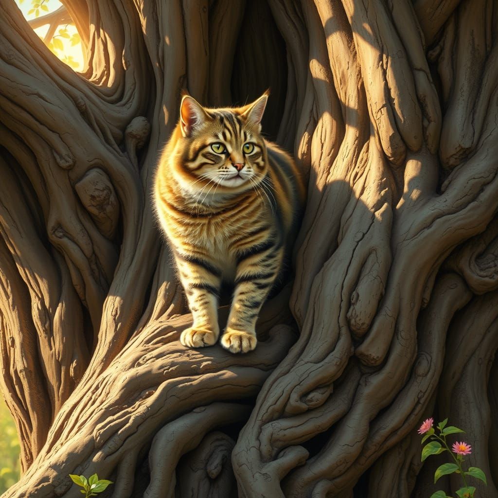 Majestic Tabby Cat Ascends Ancient Oak Tree in Whimsical Sty...