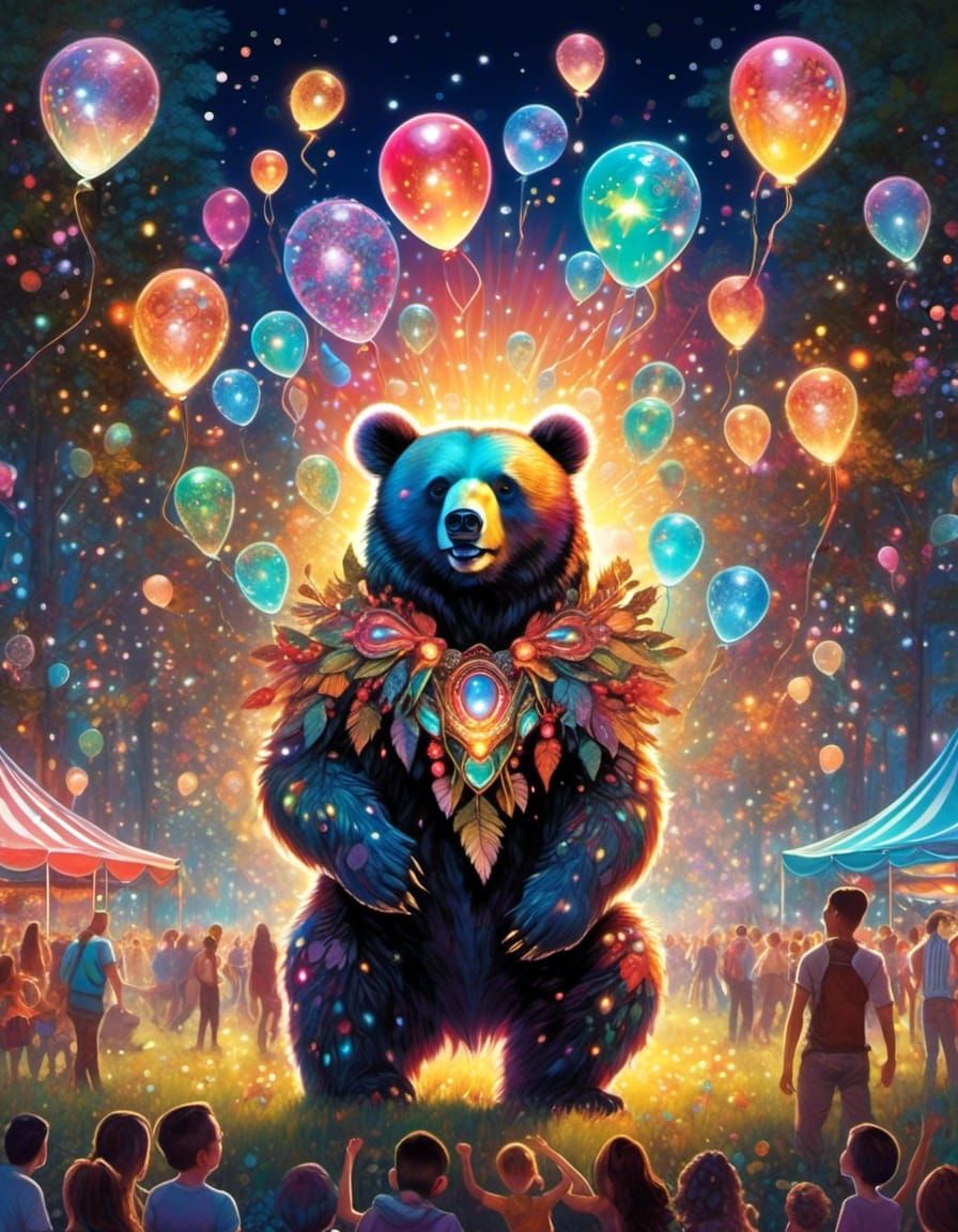 Festive Bear with Constellations and Carnival Lights