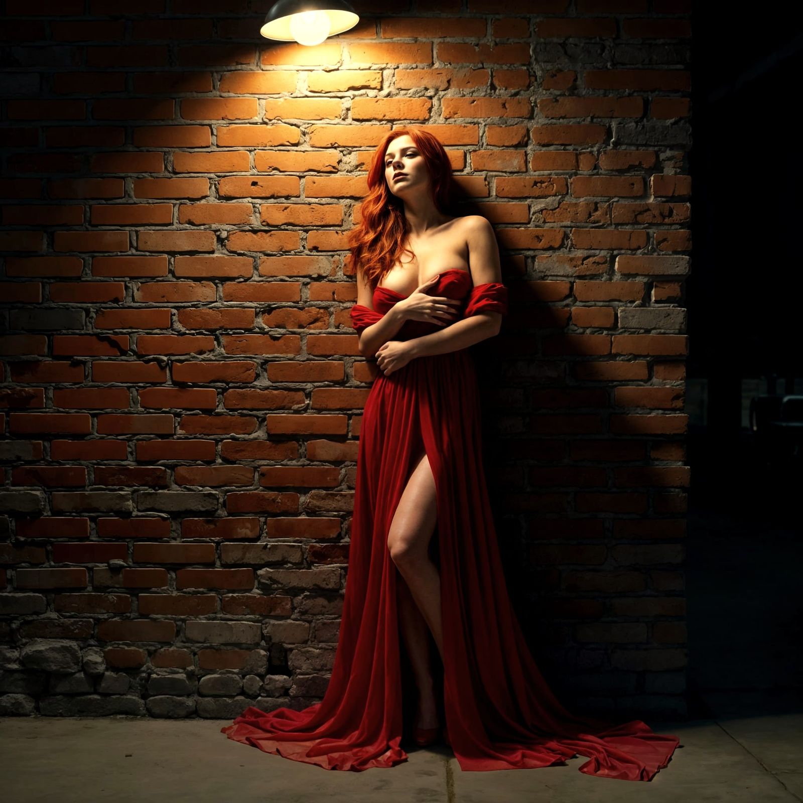 Sensual Woman Leans Against Damaged Brick Wall in Vibrant Re...