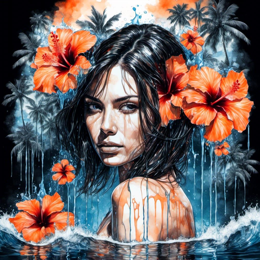Ocean Woman with Hibiscus Flower in Digital Art