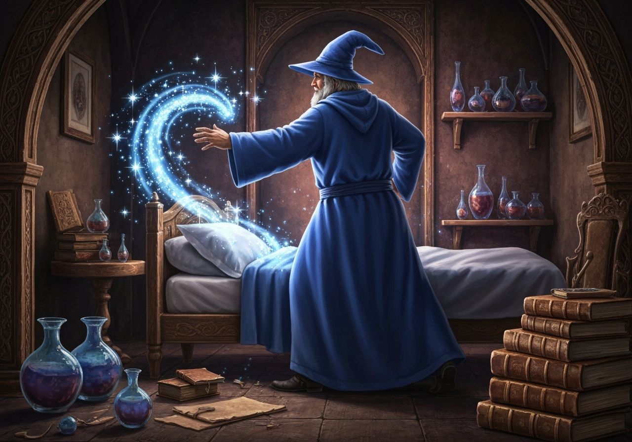 Wizard Magically Making Bed in Detailed Room