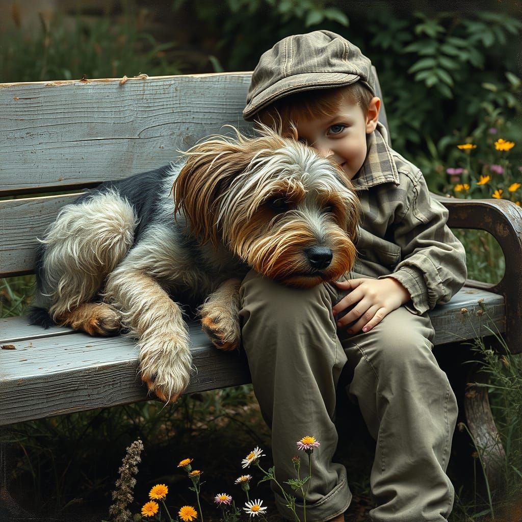 Boy and Dog Resting, in Classical Portraiture Style