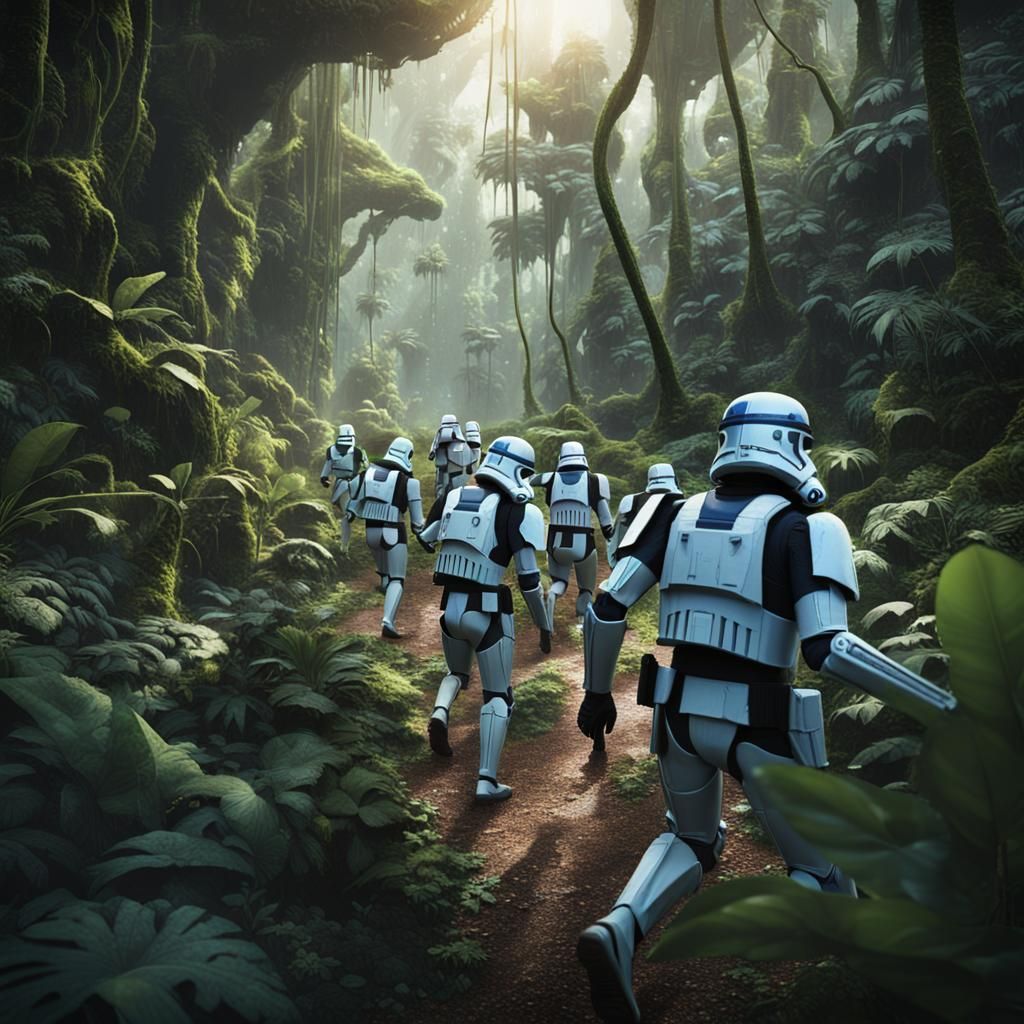 501st Clone Troopers in Dense Jungle, Detailed Matte Paintin...