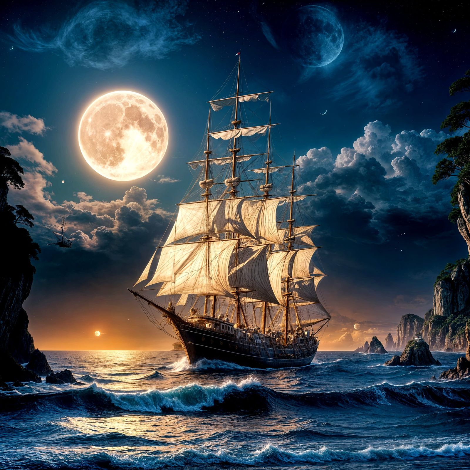 Moonlit Sailing Ship in Detailed Matte Painting
