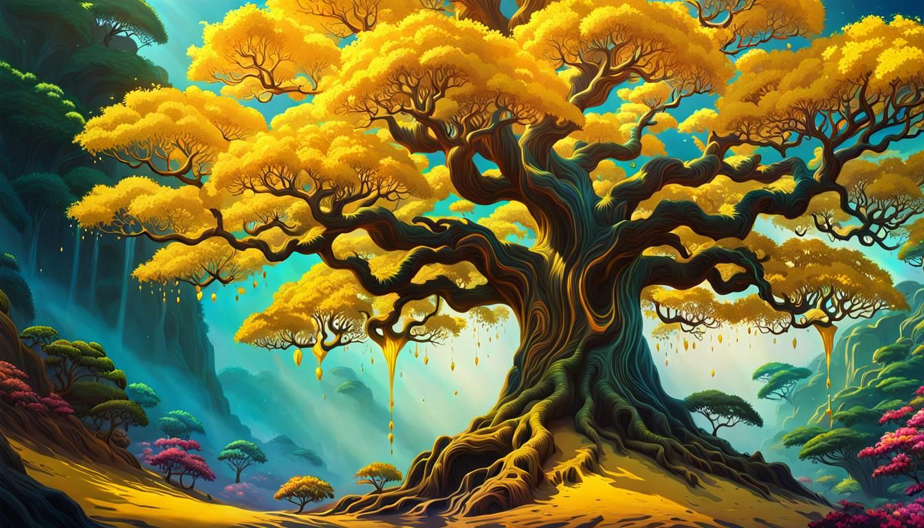 Psychedelic Yellow Araguaney Tree: Hyperrealistic Splash Art