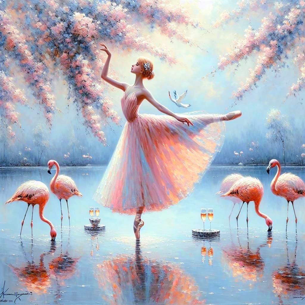 Whimsical Ballerina Amidst Flamingos in a Serene Lake Scene