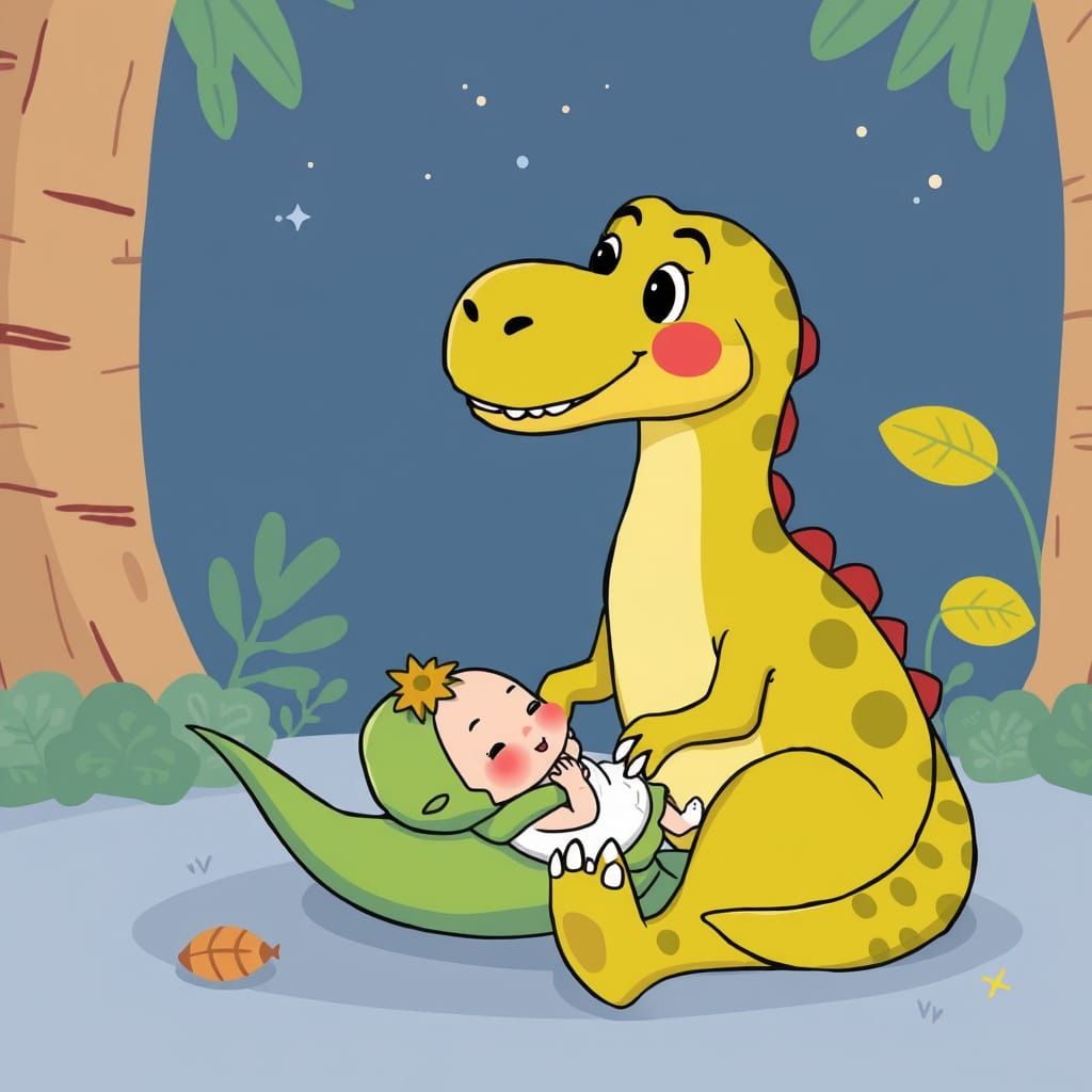 Dinosaur Cares for Baby Human in Cartoon Style