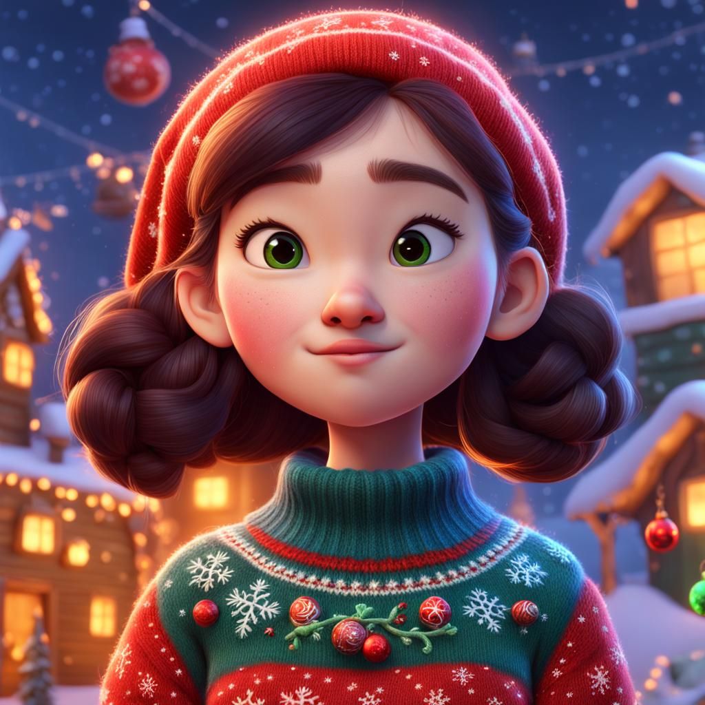 Cute Girl in Christmas Sweater, 3D Digital Art