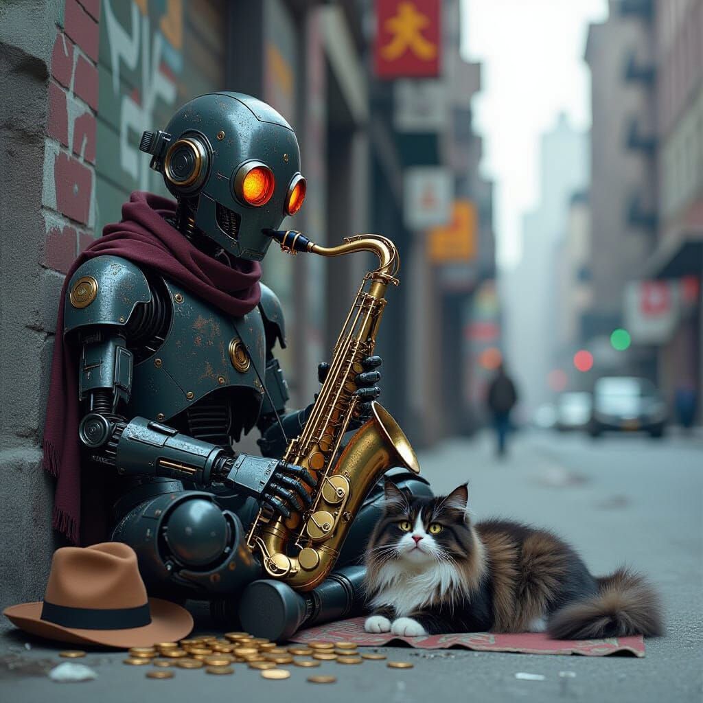 Dystopian Robot Saxophonist with Persian Cat