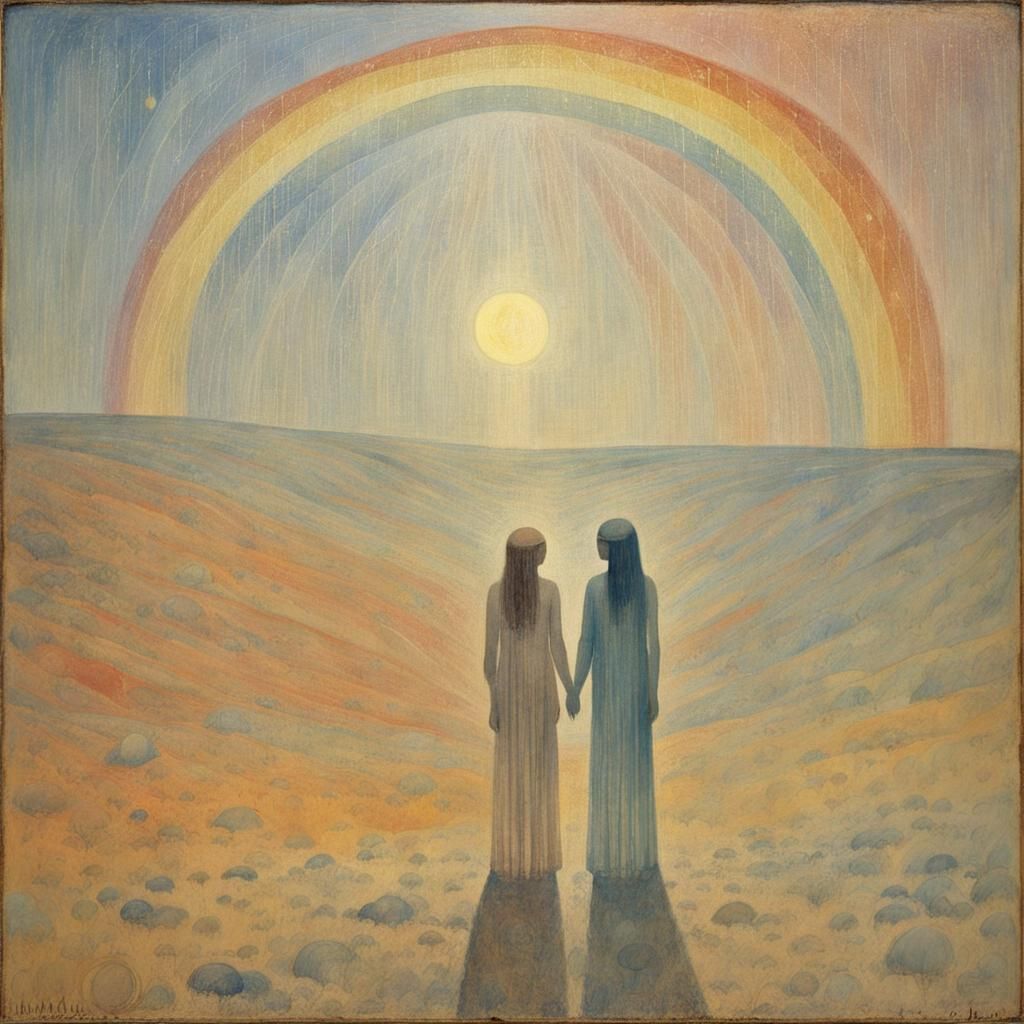 Ethereal Sun and Moon Lovers Meeting in Surreal Painting