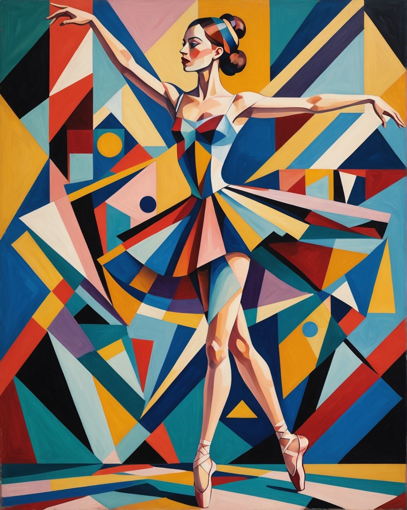 A masterpiece. Ballerina dancing in pointe shoes. Kandinsky. Cubism cubist painting, Neo-Cubism, layered overlapping geo...