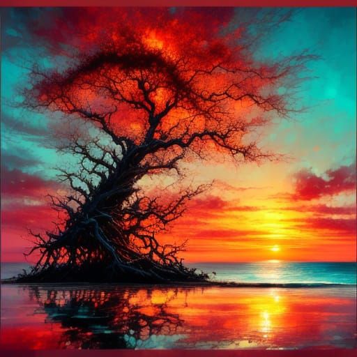 Fiery Sunset Over Tropical Beach, Painted Style