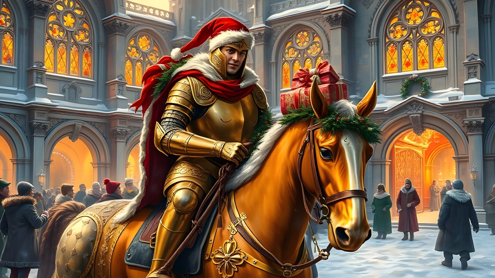 Regal Knight on Christmas Eve in Vibrant Holiday Armor