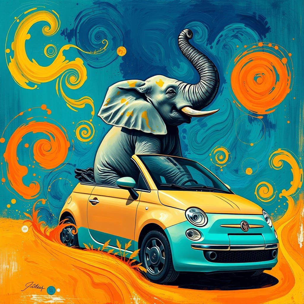 Surrealist Elephant Rises from a Vibrant Fiat 500 in a Dream...