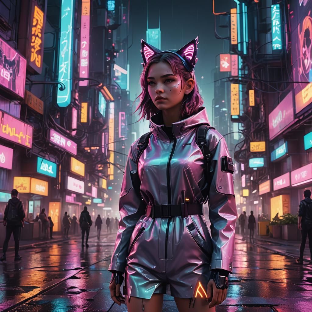Girl with Cat Ears in Cyberpunk City
