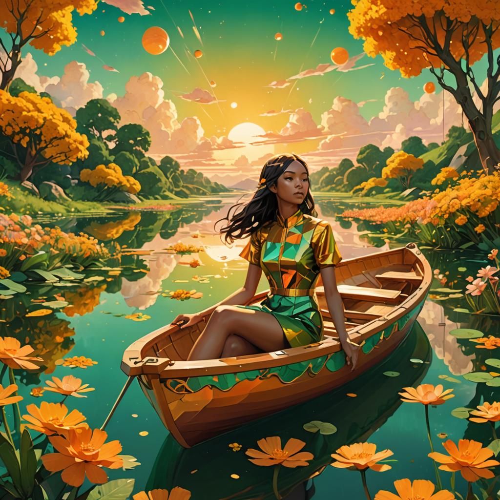 Girl in Dreamlike Boat with Cellophane Flowers