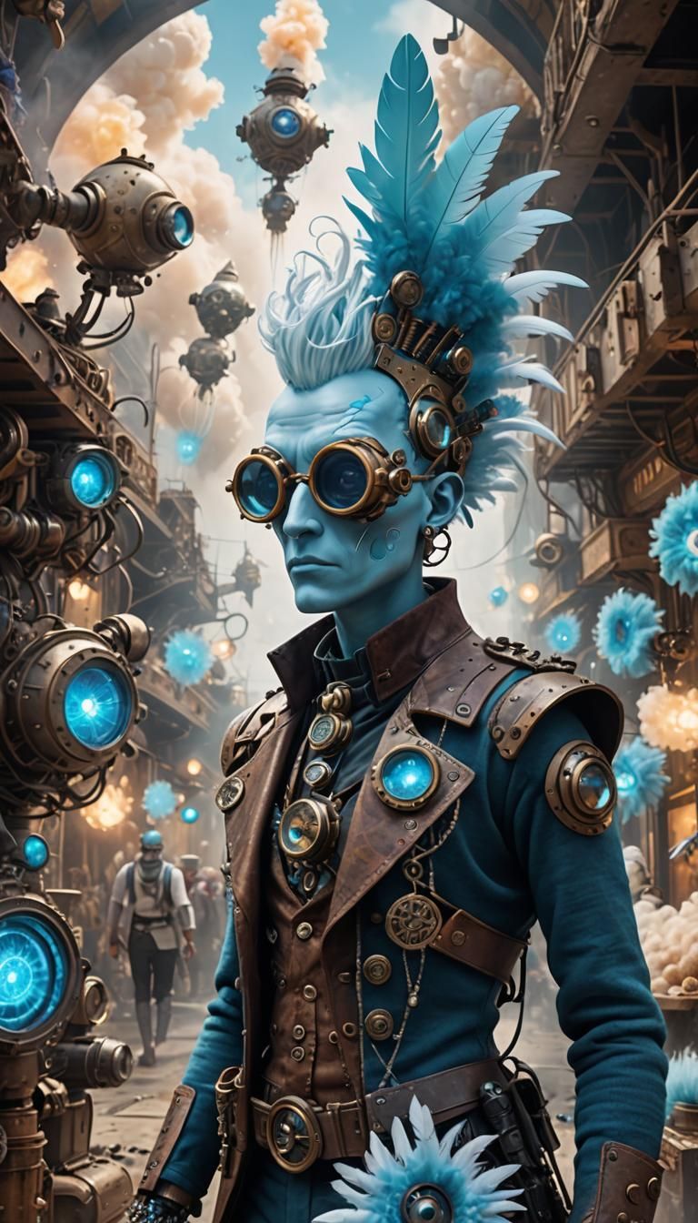 Steampunk Humanoid with Glowing Mohawk in Futuristic Scene
