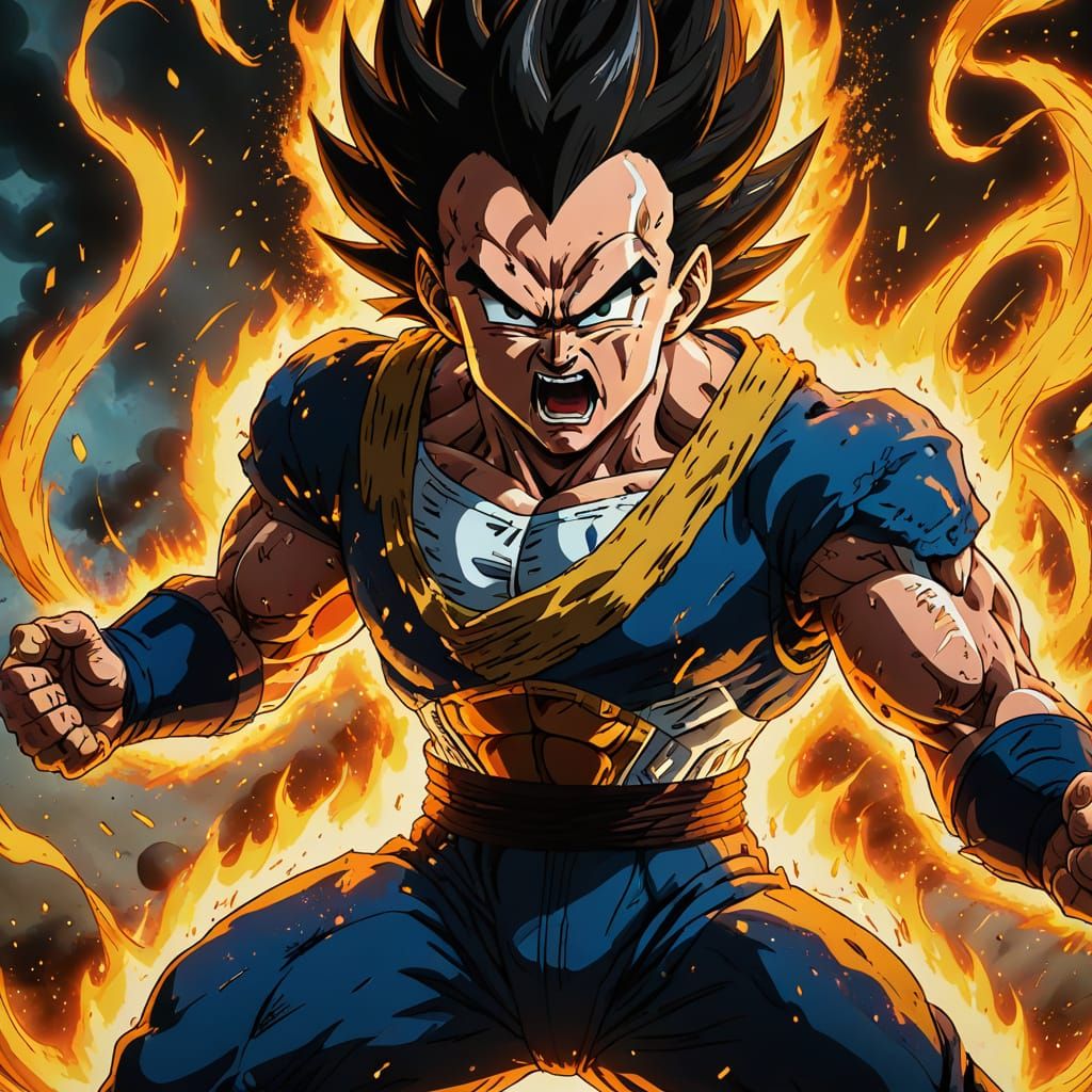 Vegeta Powering Up with Swirling Energy Ribbons
