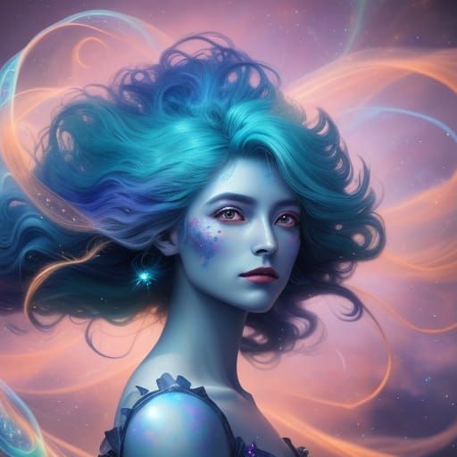 Ethereal Blue Hair Woman in Cosmic Dreamscape