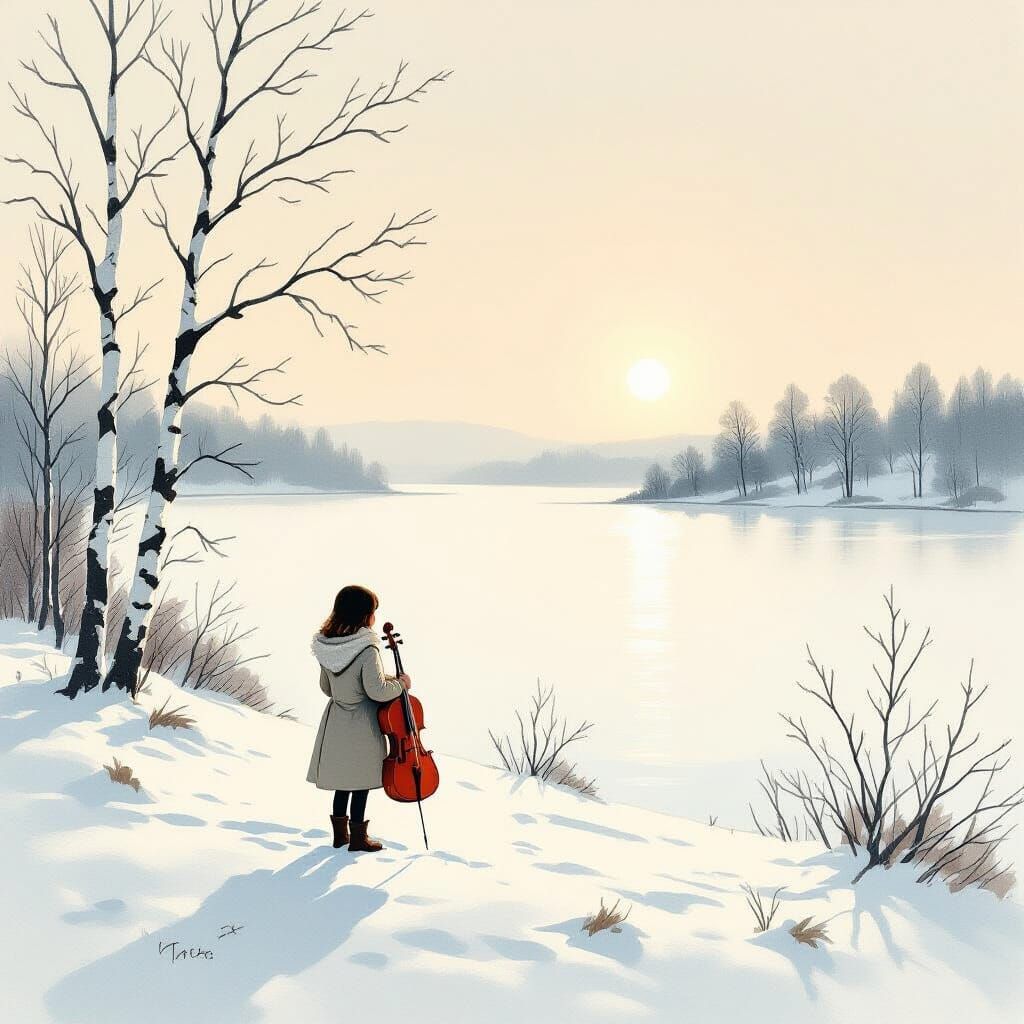 Girl with Violin Case on Snowy Hill Overlooking Frozen Lake