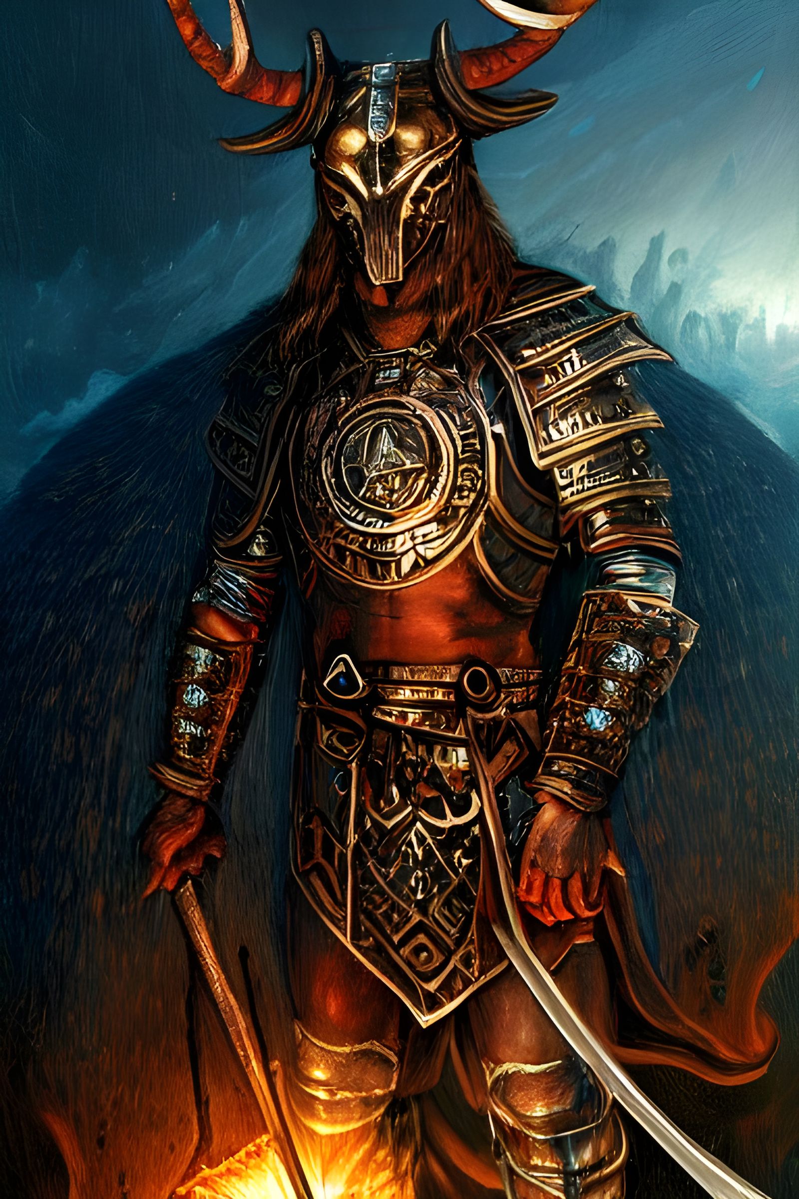 Norse Warrior with Horned Helmet and Runic Tattoos