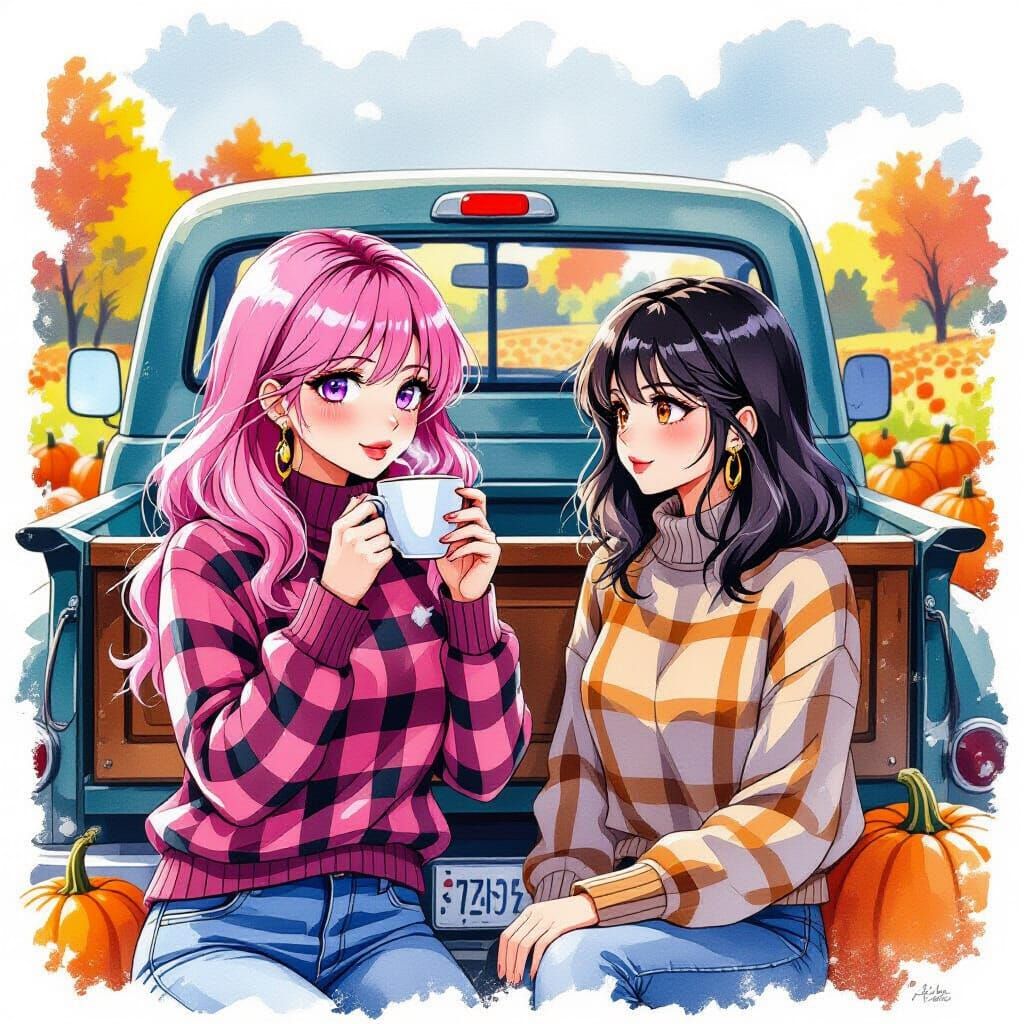 Women Enjoying Coffee by Old Truck at Pumpkin Patch