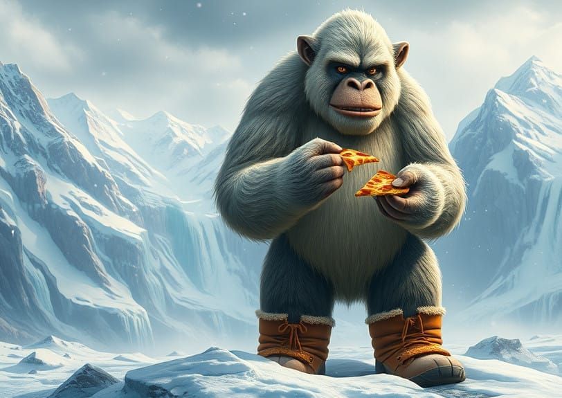 Yeti's Cozy Pizza Night in the Arctic Wilderness