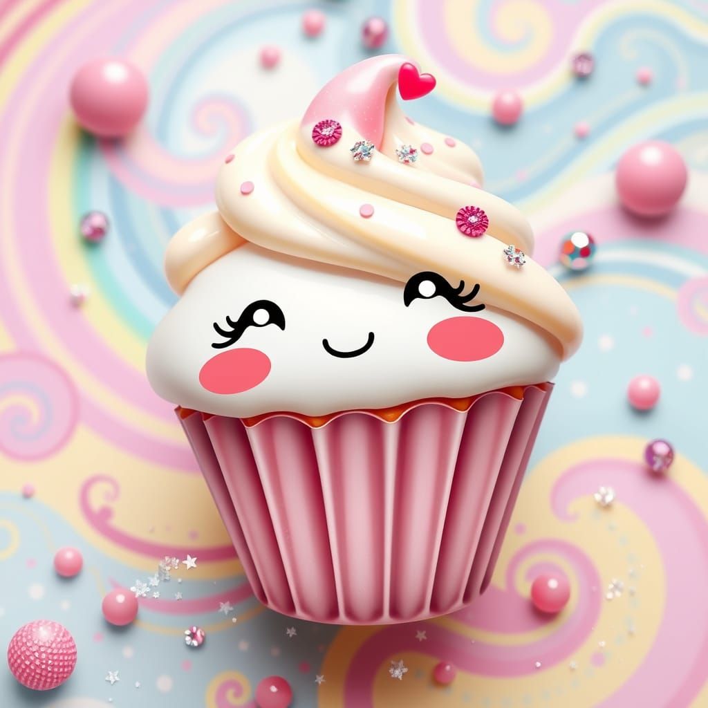 Blushing Cupcake with Sparkles in Kawaii Style