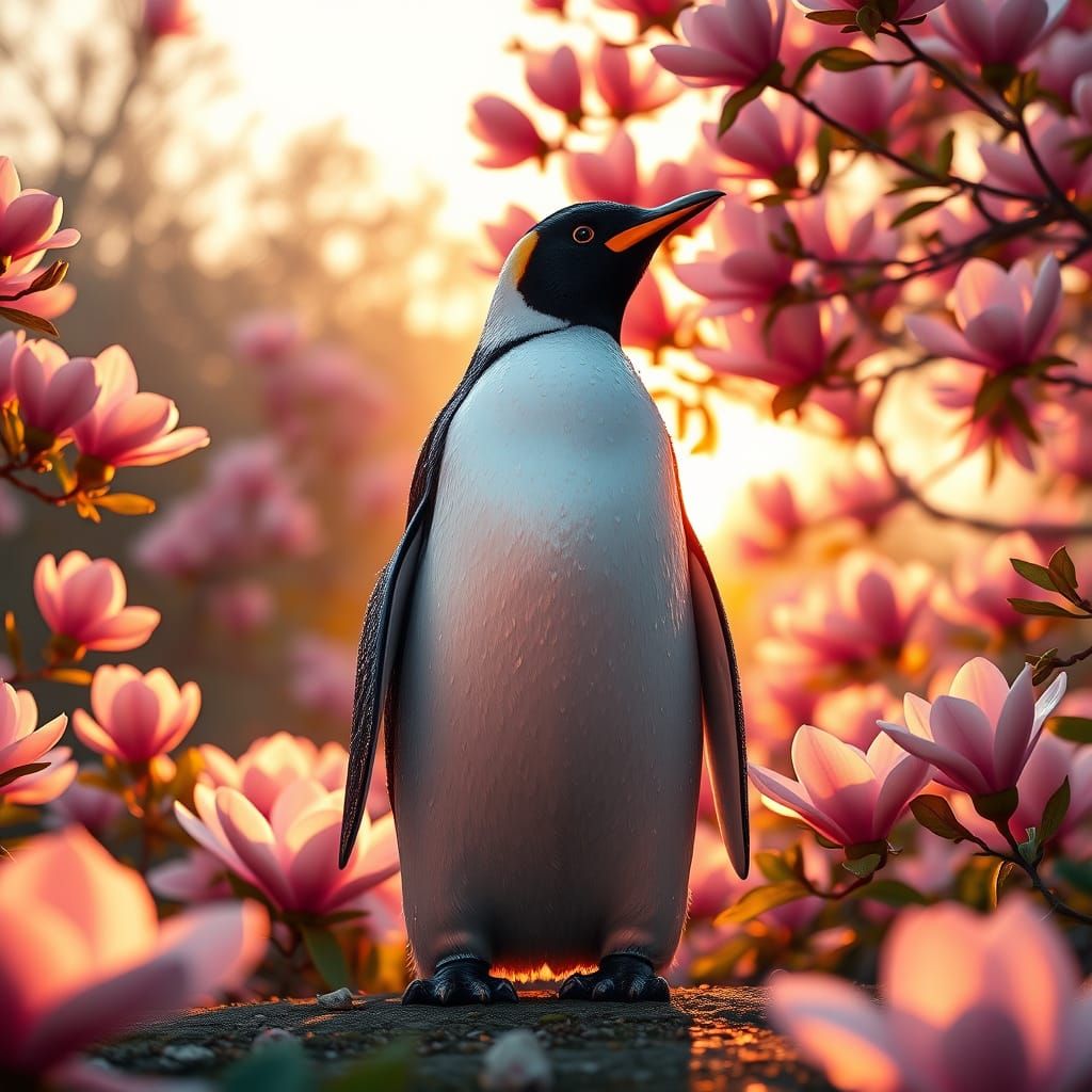 Regal Penguin Amidst Sunset Magnolia Garden