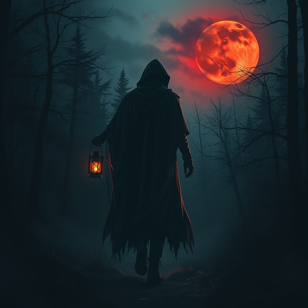 Mystical Forest Wanderer with Lantern in Dark Fantasy Style