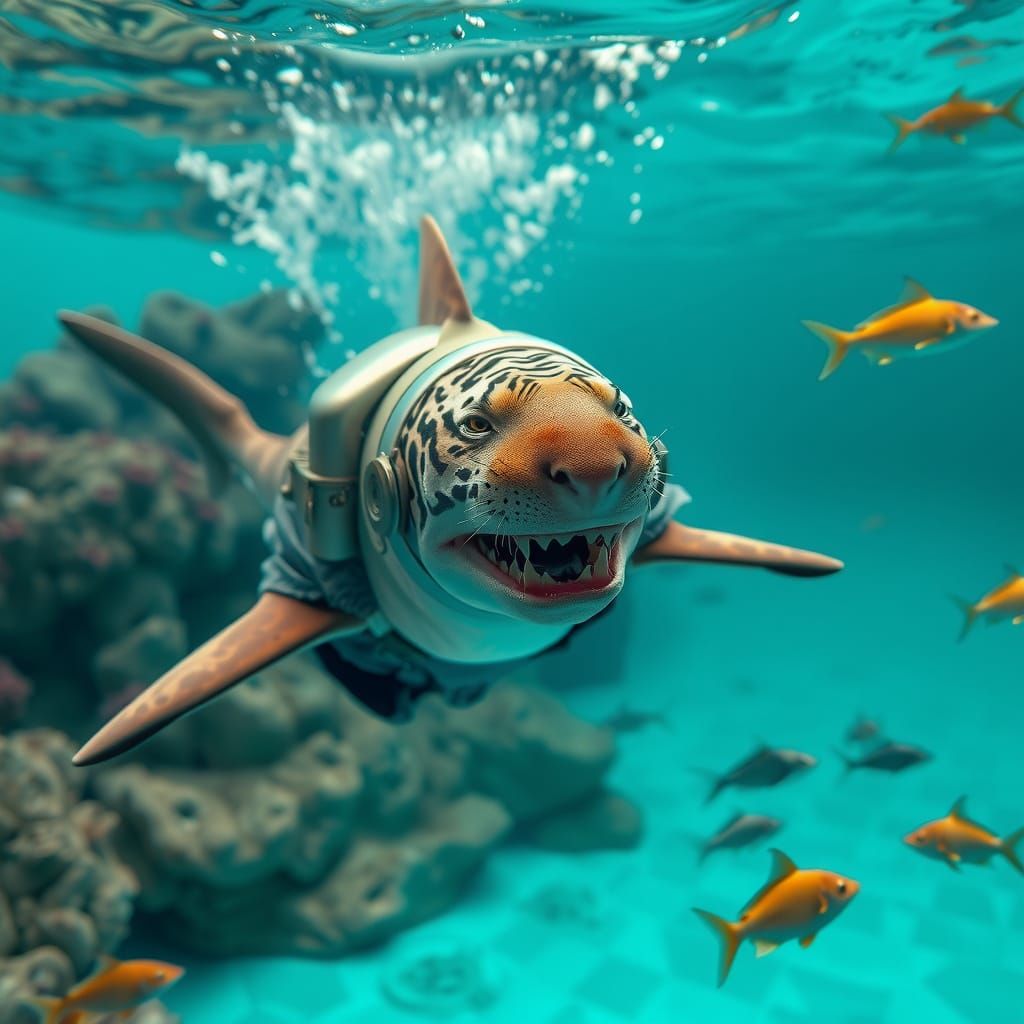 Tiger Shark Dives in Retro-Futuristic Swimming Pool