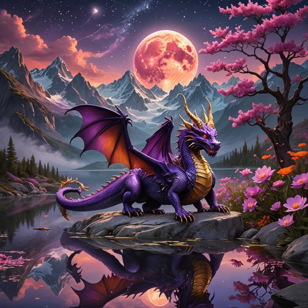 Purple Dragon in Magical Landscape, Fantasy Art