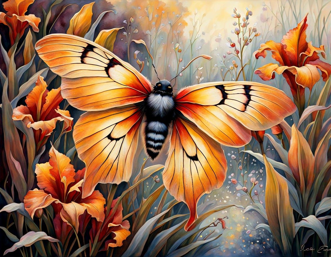 Pastel Drawing of Moth on Frosty Gladiolus Blossoms