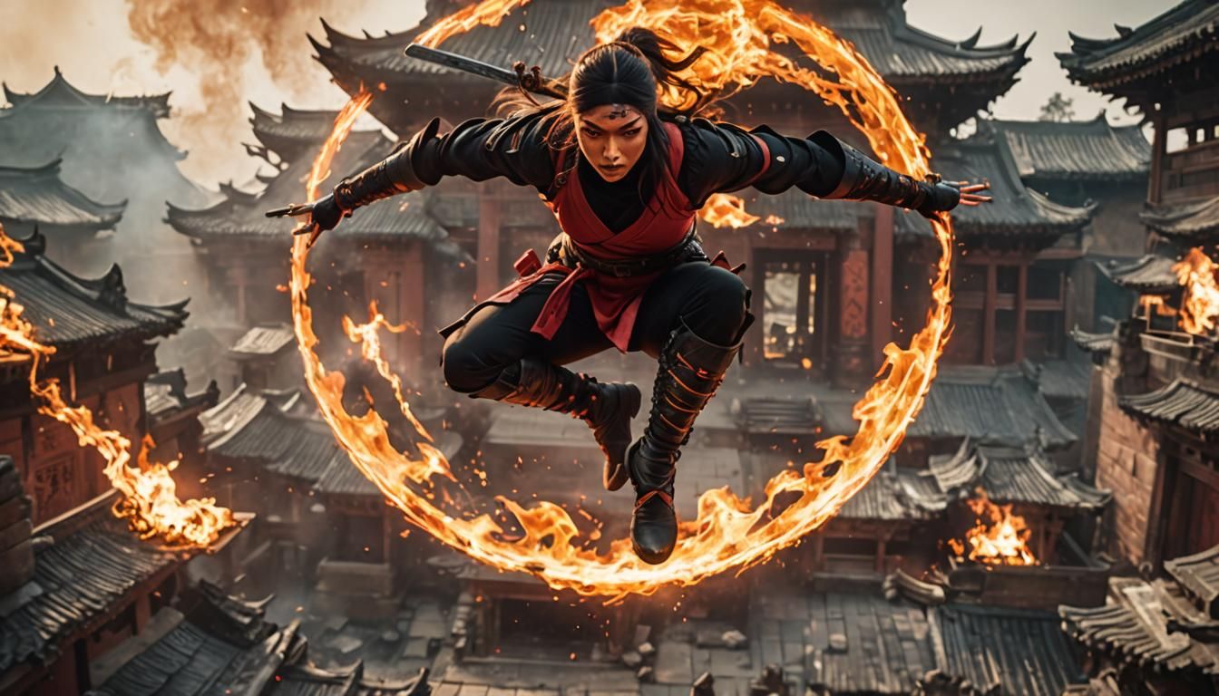 Ninja Woman Leaping from Burning Temple Roof