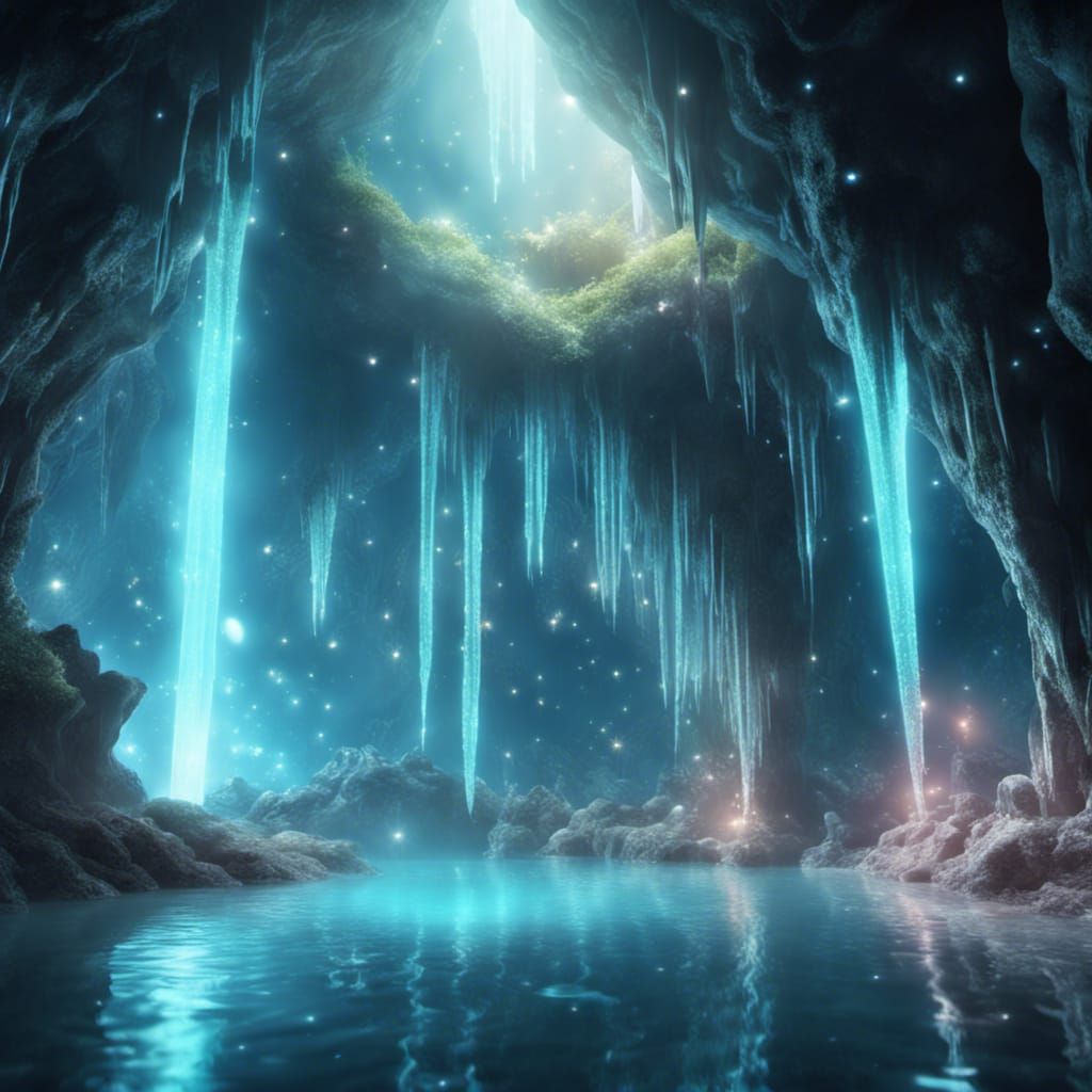 Shimmering Cave with Waterfall: Ethereal Cosmic Illustration