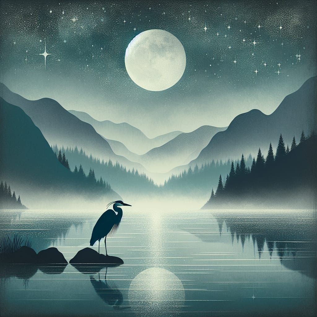 Minimalist Heron on Misty Pond in Muted Pastels