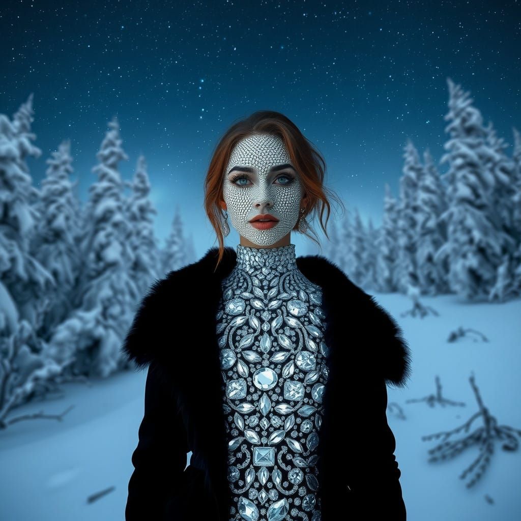 Celestial Diamond Goddess in a Snowy Forest