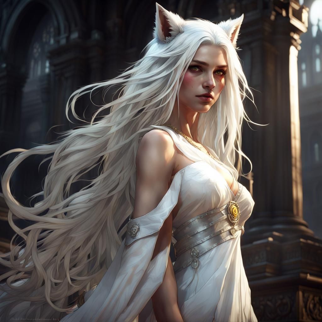 Wolf Girl with Yellow Eyes: Dark Fantasy Art