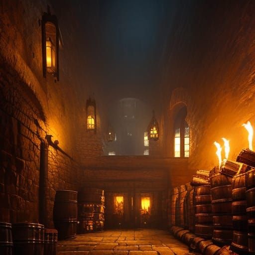 Fantasy Cellar with Lit Torches and Mural