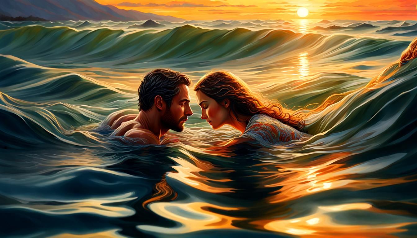 Lovers Embrace at Sunset: An Oil Painting