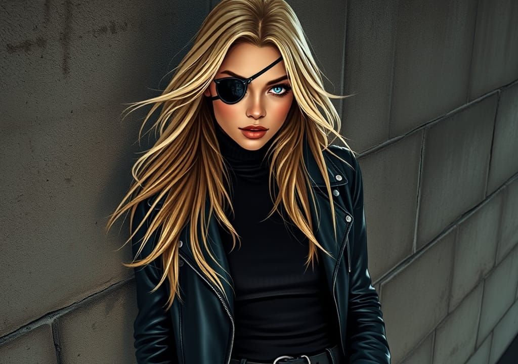 Confident Woman with Eye Patch in Comic Book Style