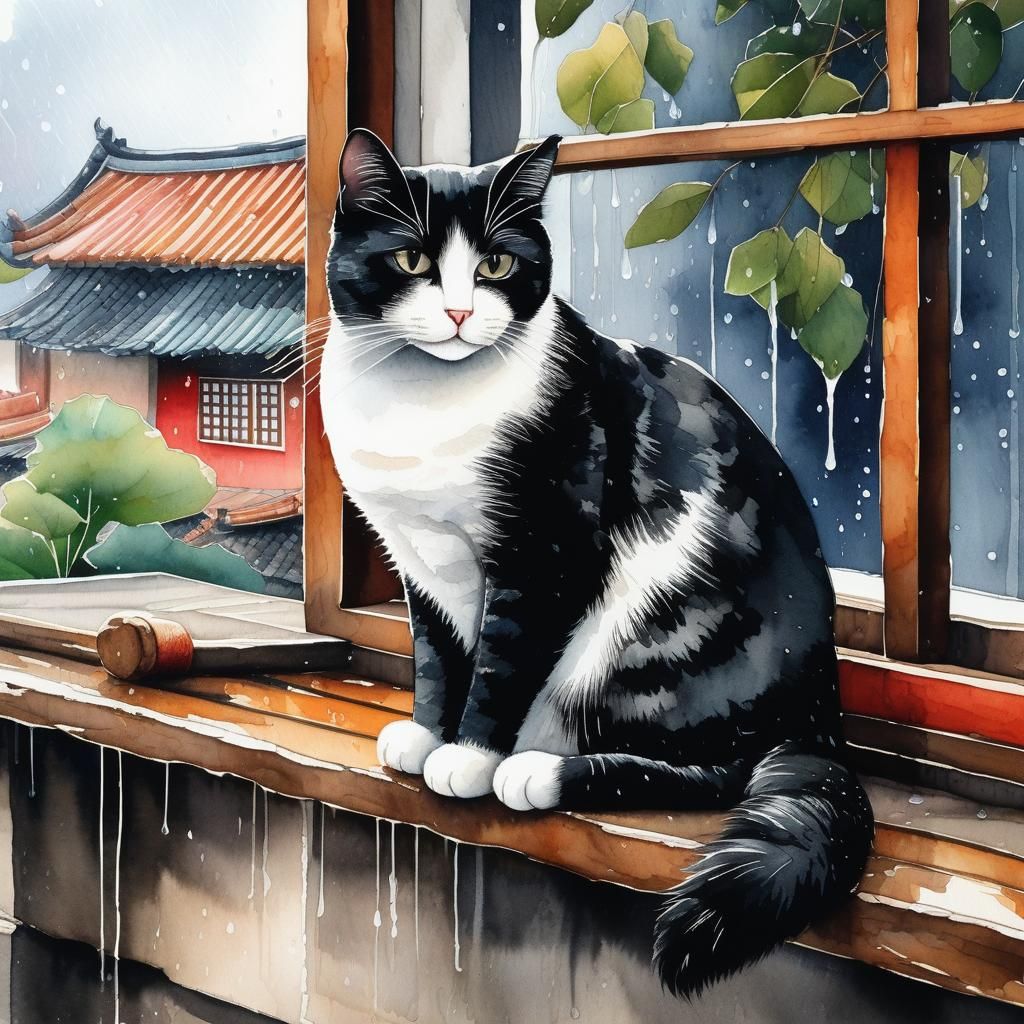 Charming Cat Gazing at Rainy Street in Watercolor Style