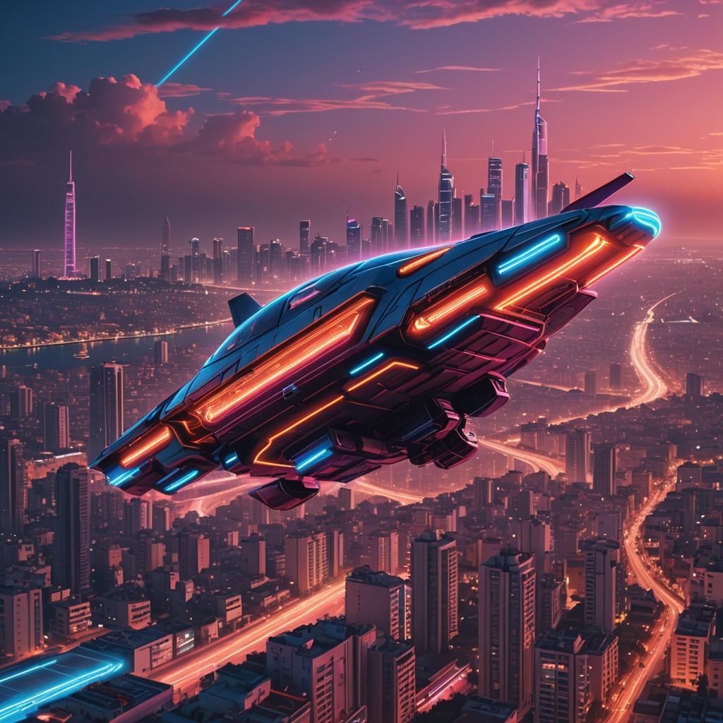 Neon Spaceship Flies Over Tel Aviv: Synthwave Concept Art