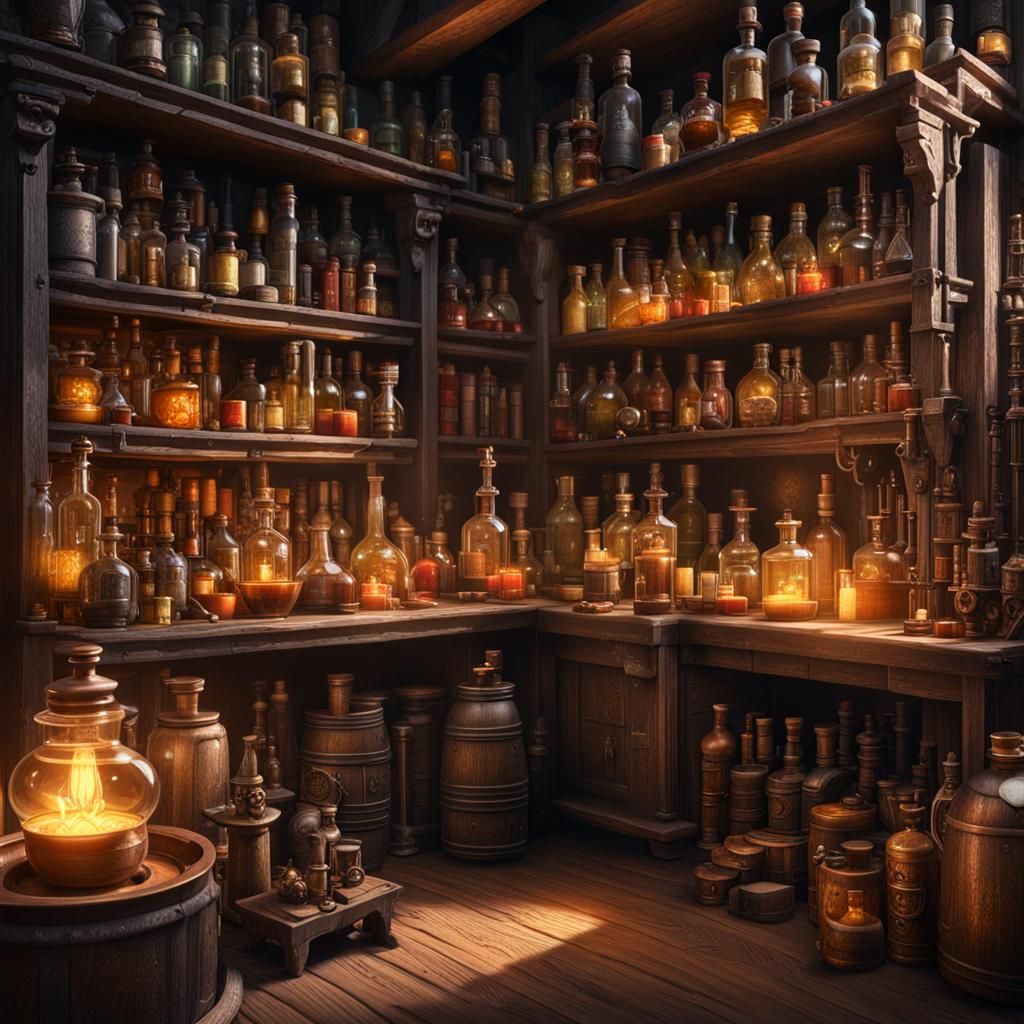 Alchemist's Workshop with Magic Bottles in Fantasy Style
