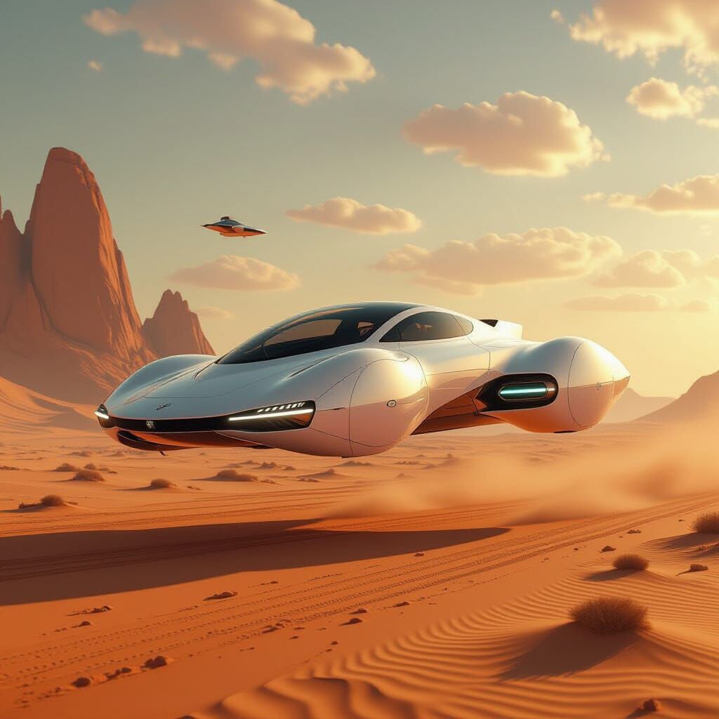 Futuristic Flying Car Over Desert Ruins